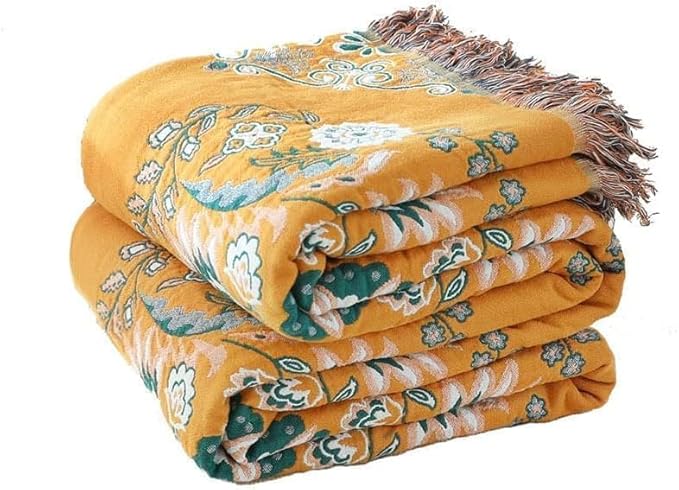 CozyNest Decor boho cotton throw blanket with yellow floral print, lightweight 4-layer breathable woven bed blanket 80x90 inches