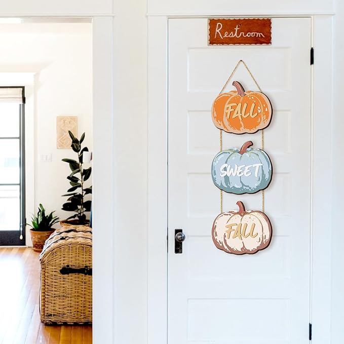 CozyNest Decor fall pumpkin welcome sign set with rustic wooden plaques, autumn-themed porch and home wall decor, 3-piece set.