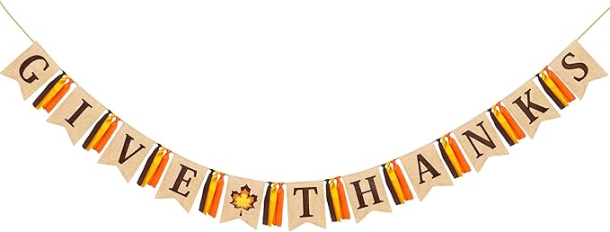 CozyNest Decor fall Thanksgiving banner with burlap pennants, maple leaf pattern, felt "Give Thanks" sign, and autumn ribbon.