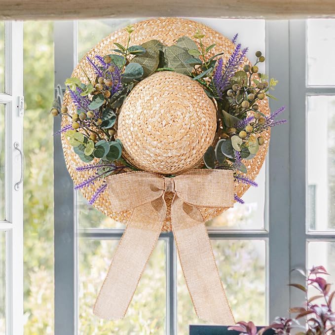 Dilicoming 16-inch spring eucalyptus wreath with bow, cozy farmhouse decor for front door, wall, or window indoor outdoor use