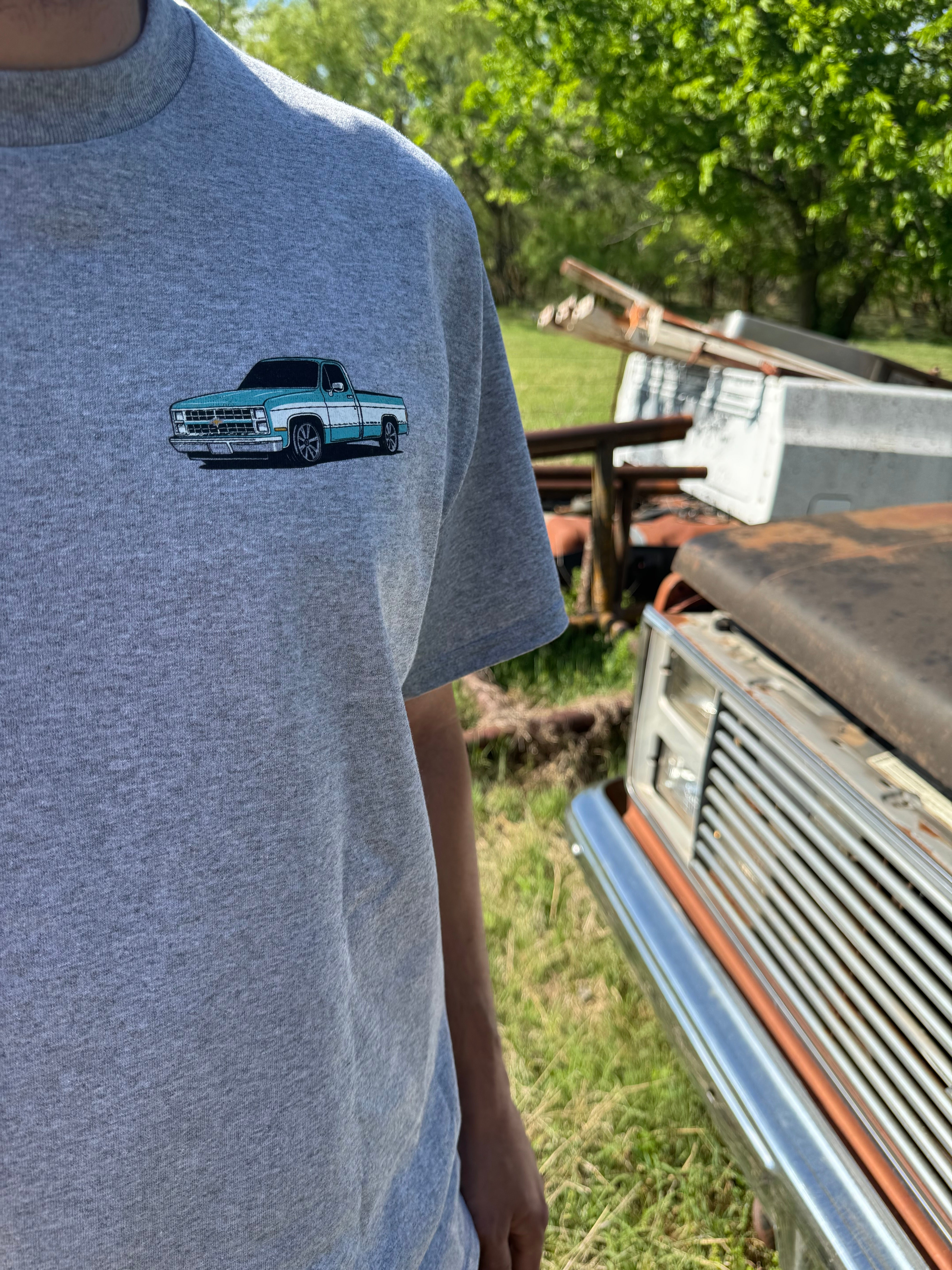 Blue Chevy T-shirt by Shop Karma Tees with bold "Get In B*tch, I found a deal on Marketplace" graphic image.