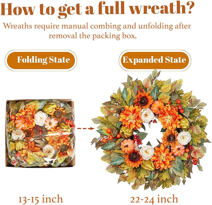 CozyNest Decor 24-inch fall wreath with pumpkins, peonies, sunflowers, and dahlias for front door autumn decor.