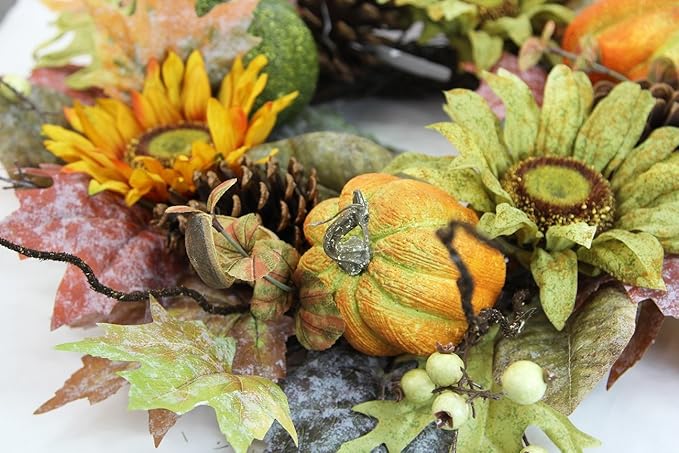 Artificial fall pumpkin sunflowers wreath by CozyNest Decor, 24-inch farmhouse wreath with autumn greenery for home or front door decor.