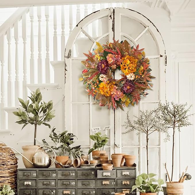 CozyNest Decor 24-inch fall wreath with hydrangea, peony, and white pumpkins for front door autumn and harvest decor.