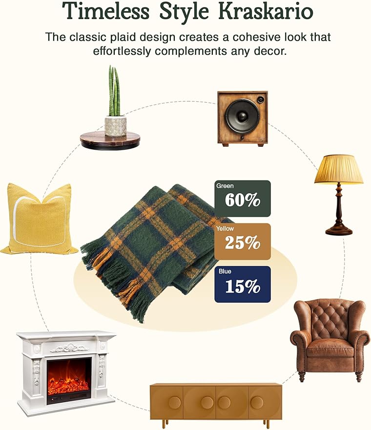 CozyNest Decor green plaid throw blanket with tassels, soft lightweight blanket for sofa or bed, vintage fall home decor.