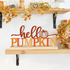 Orange metal Hello Pumpkin sign by CozyNest Decor, autumn fall decoration for home or office shelves and mantels.