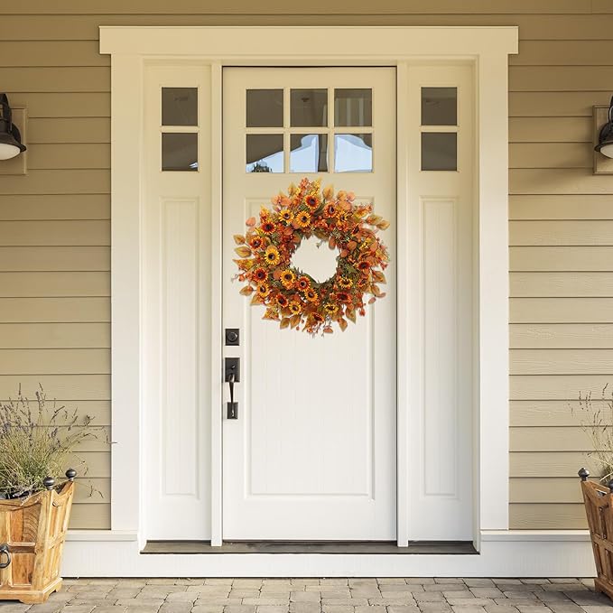 CozyNest Decor 22-inch artificial fall wreath with eucalyptus leaves and chrysanthemums for front door or holiday decor.