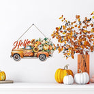 Hello Fall wooden hanging truck decoration, rustic autumn sign for Thanksgiving, cozy interior and exterior harvest decor from CozyNest Decor.