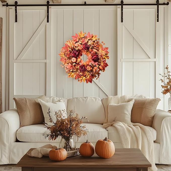 Large 26-inch fall wreath with maple leaves, pumpkins, roses, and rustic accents for farmhouse outdoor door decor.