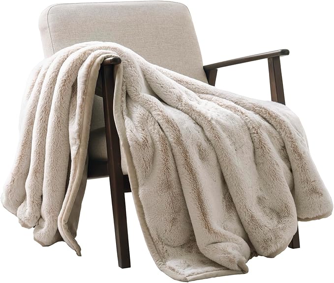 CozyNest Decor ultra soft luxury fluffy mink faux fur throw blanket in champagne ivory, 50x60 inches, plush and warm for bed or sofa.