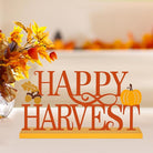 CozyNest Decor COCHIE Metal Happy Harvest sign in orange with autumn leaves, perfect for fall home or office decoration.
