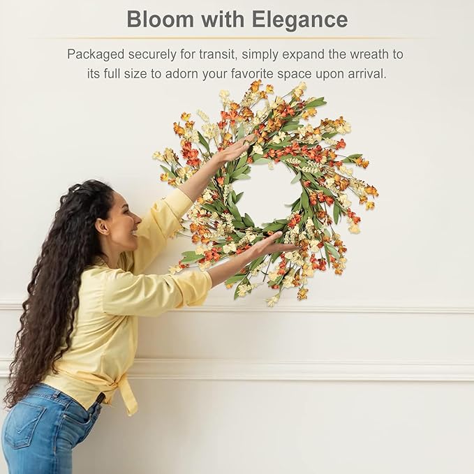 CozyNest Decor Artgar Fall Wreath with white, orange, yellow flowers, 24-inch floral door wreath for outdoor or indoor fall decor.