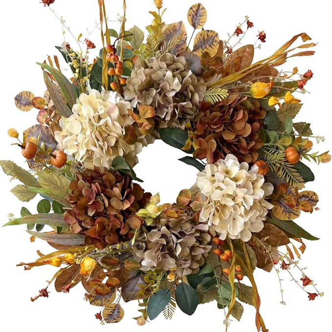 CozyNest Decor 24-inch fall wreath with hydrangeas and small pumpkins, ideal for front door autumn, Halloween, or Thanksgiving decor.