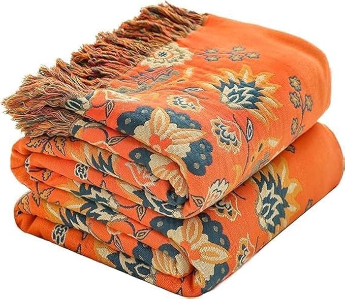 CozyNest Decor orange floral printed fall throw blanket for couch or bed, lightweight 100% cotton farmhouse quilt, 60x80 inches
