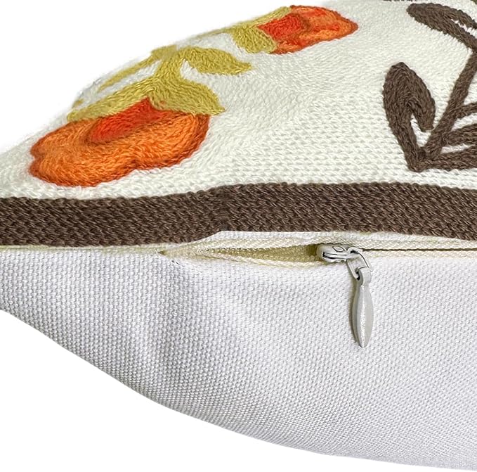 CozyNest Decor Alysheer floral embroidered fall throw pillow cover with orange flowers and brown leaves on knit cotton canvas, 18x18 inches