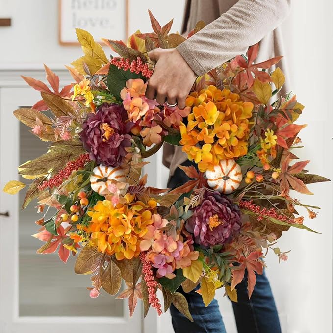 CozyNest Decor 24-inch fall wreath with hydrangea, peony, white pumpkins, perfect for front door autumn, Halloween, or Thanksgiving decor.
