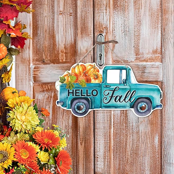 Rustic fall door hanger with pumpkin and truck design, CozyNest Decor autumn welcome sign for porch or indoor outdoor decor.