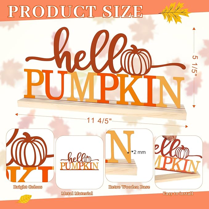 CozyNest Decor Hello Pumpkin metal sign in orange with fall-themed text, perfect for home or office autumn decor.
