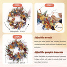 CozyNest Decor 24-inch fall wreath with pumpkins, silk leaves, and purple flowers for front door autumn and Halloween decoration.
