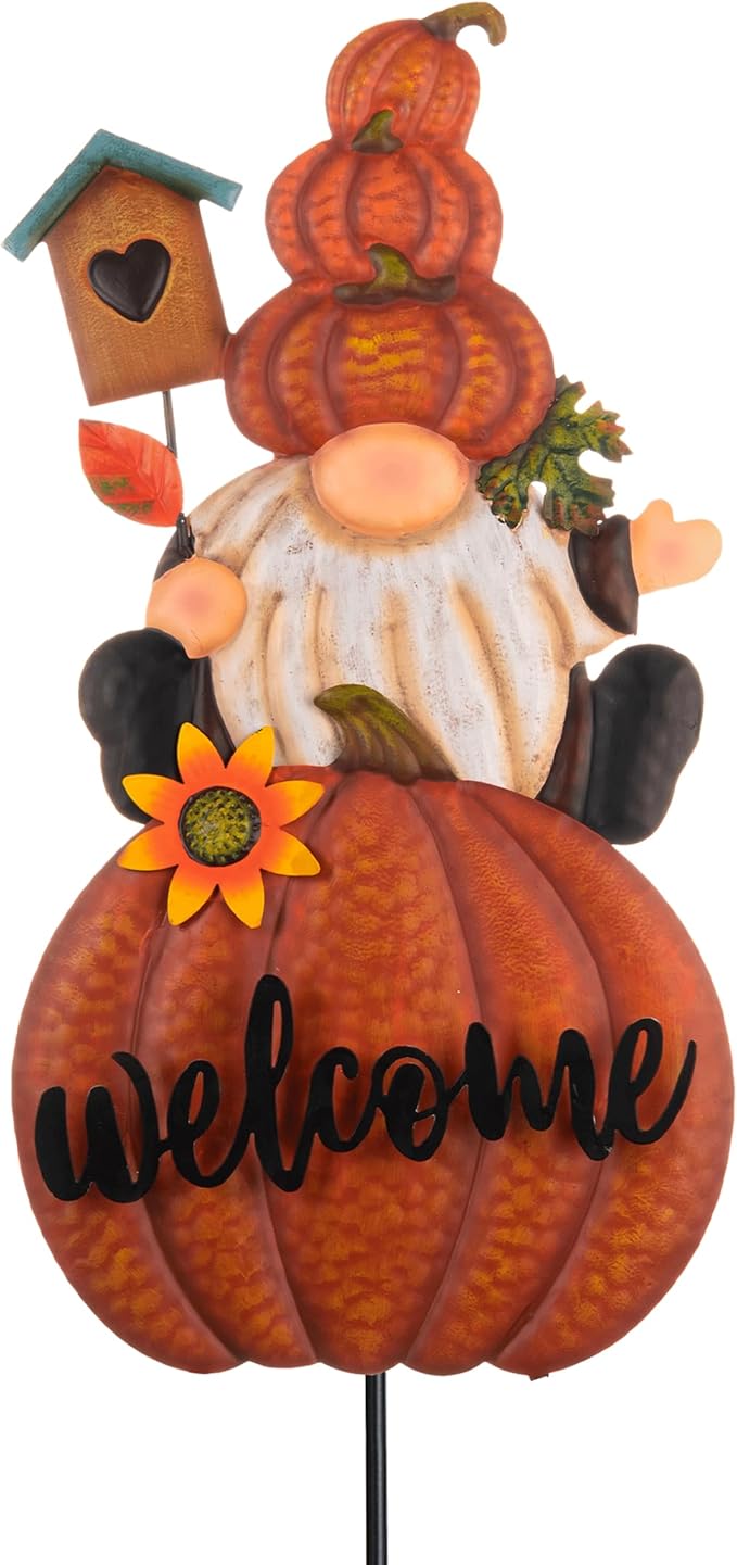 CozyNest Decor fall gnome pumpkin garden stakes, metal outdoor yard decor with welcome signs, orange autumn harvest decorations for garden