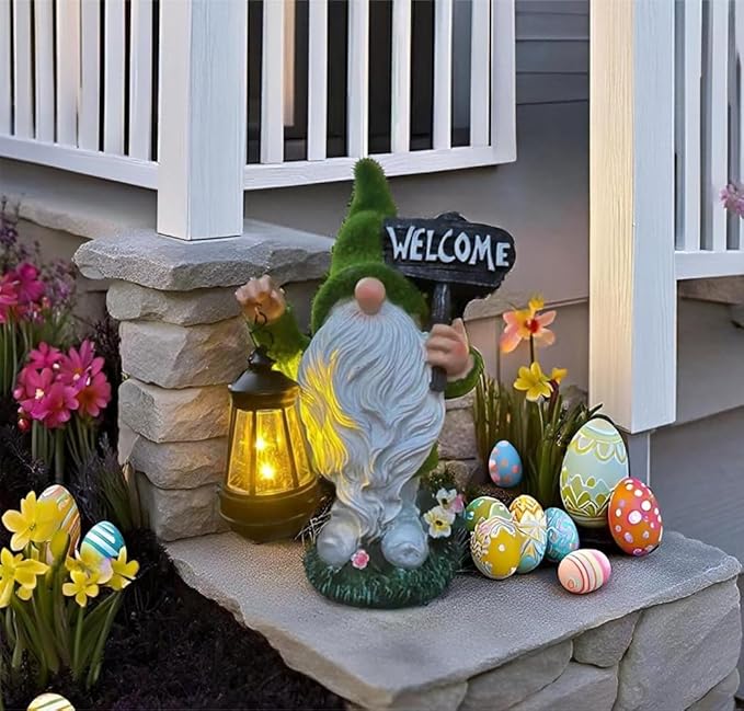CozyNest Decor outdoor gnome statue with solar lantern, green and white fall-themed garden decoration for yard and patio.