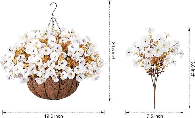 Artificial fall flowers in a basket with silk morning glory and eucalyptus for outdoor porch or patio decor, UV resistant faux flowers.