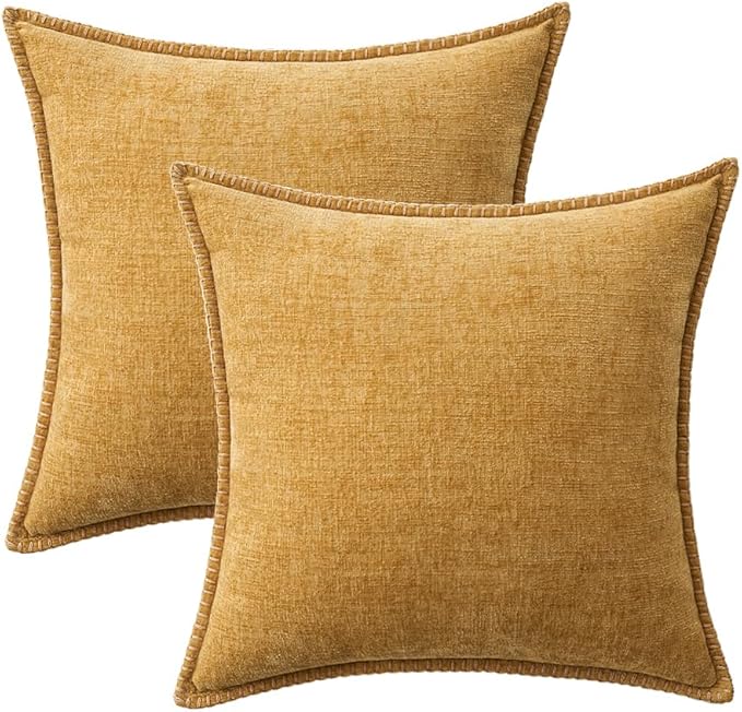 CozyNest Decor MIULEE 16x16 inch gold farmhouse throw pillow covers with stitched edges, soft chenille for sofa and living room decor.