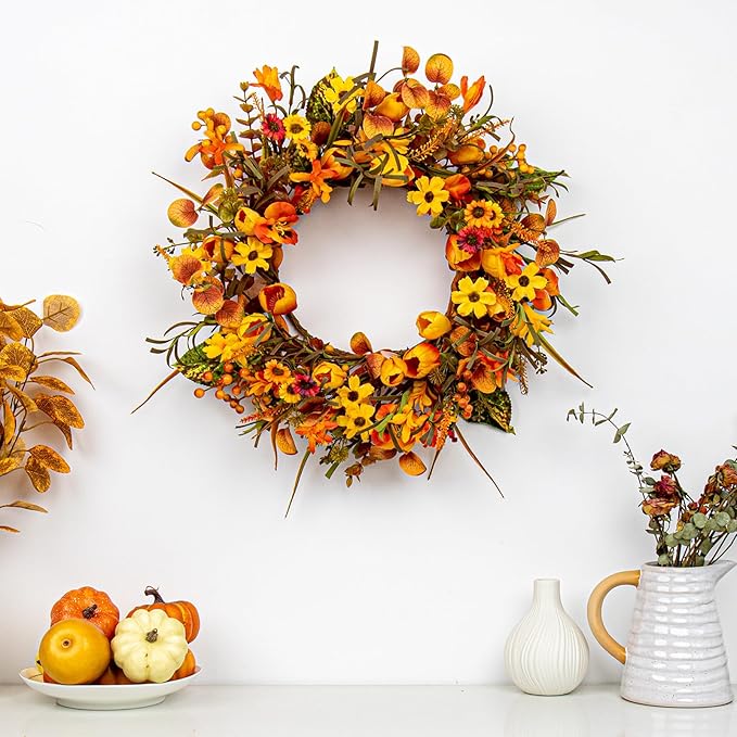 Rustic 18-inch fall wreath with orange tulips, wildflowers, and Phalaenopsis orchids for front door or wall decor by CozyNest Decor