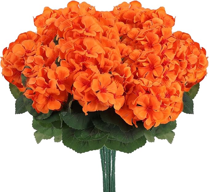 CozyNest Decor 12-piece artificial orange geranium flowers set for outdoor and indoor use, UV resistant faux fall flower for decor