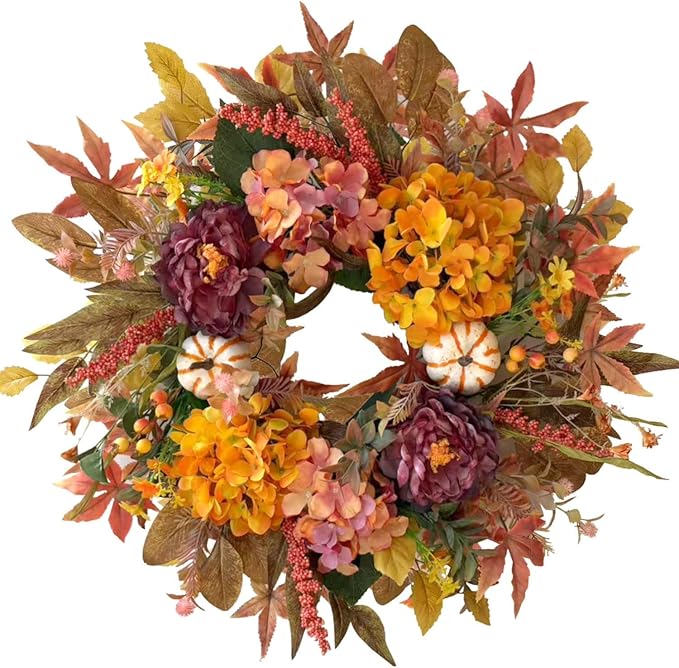 CozyNest Decor 24-inch fall wreath with hydrangea, peony, white pumpkins, perfect for front door autumn, Halloween, or Thanksgiving.