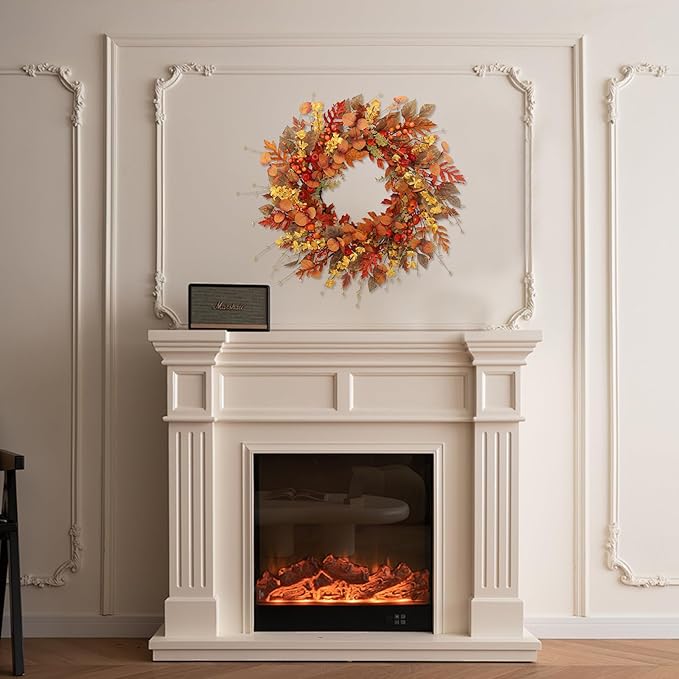 CozyNest Decor 22-inch artificial fall wreath with red berries and autumn leaves, ideal for front door, wall, or porch decor.
