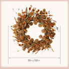 22-inch artificial fall wreath with eucalyptus leaves, wildflowers, and harvest accents for front door or wall decor.