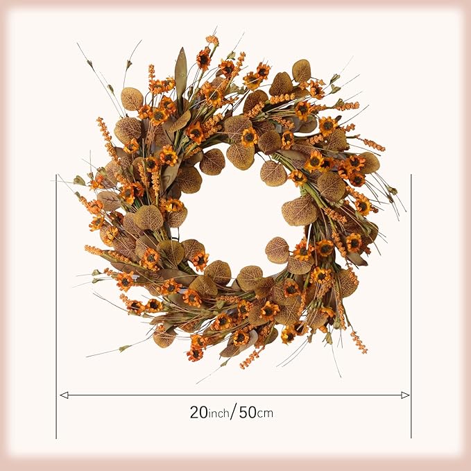 22-inch artificial fall wreath with eucalyptus leaves, wildflowers, and harvest accents for front door or wall decor.
