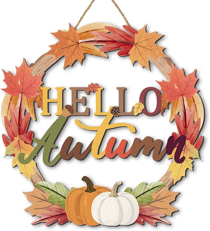 Color Valley Art Hello Autumn wreath sign with fall maple leaves, pumpkins, rustic wood wall decor for Thanksgiving, 11.4 inches square.