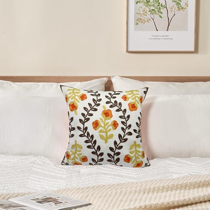 CozyNest Decor Alysheer floral embroidered fall throw pillow cover, 18x18 inches, orange flowers and brown leaves on cotton canvas.