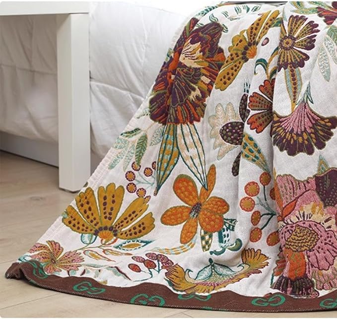 Colorful floral boho muslin blanket for adults, twin size 60x80 inches, soft 4-layer cotton summer coverlet for sofa or bed.