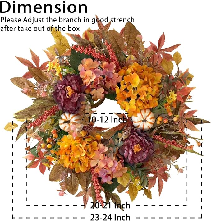 CozyNest Decor 24-inch fall wreath with hydrangea, peony, white pumpkins for front door autumn, Halloween, or Thanksgiving decor.