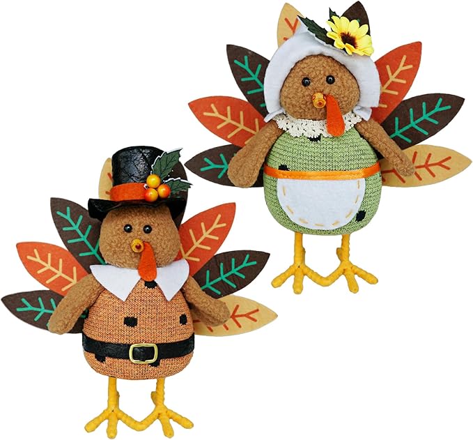 CozyNest Decor plush Thanksgiving turkey figurines with dangling legs, set of 2, for fall harvest autumn Halloween home decor.