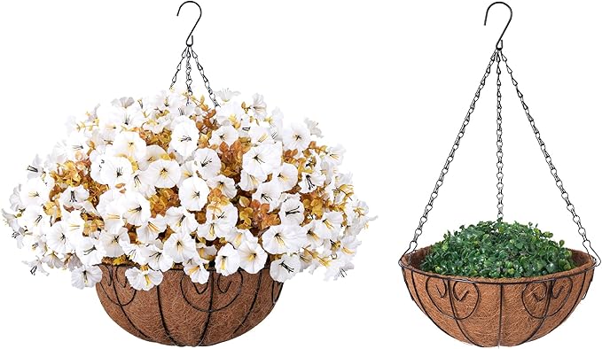 Artificial fall flowers by CozyNest Decor, white silk morning glory with eucalyptus, hanging basket for outdoor porch and patio decor