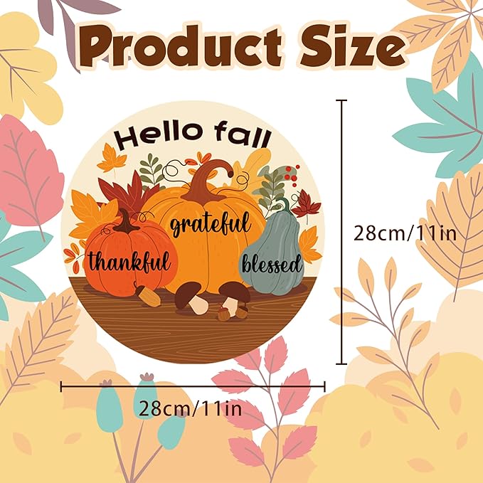 Rustic round wood wreath with maple leaves garland, ideal for fall front door decor and Thanksgiving outdoor porch decoration.
