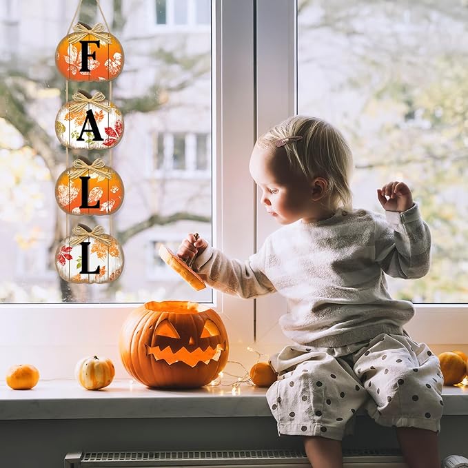 CozyNest Decor fall pumpkin door sign with autumn maple leaves, wooden hanging autumn decoration for front door and porch.