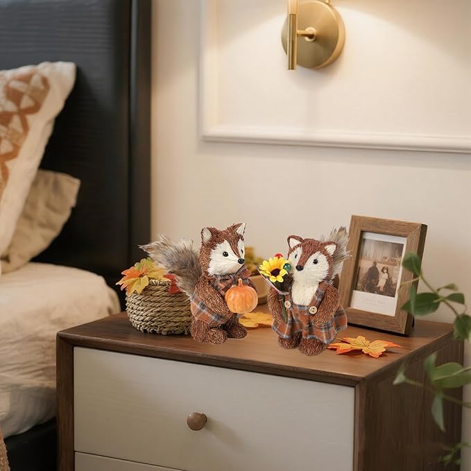 Set of two CozyNest Decor fall fox figurines with pumpkins, handmade sisal woodland decorations for tables or shelves.