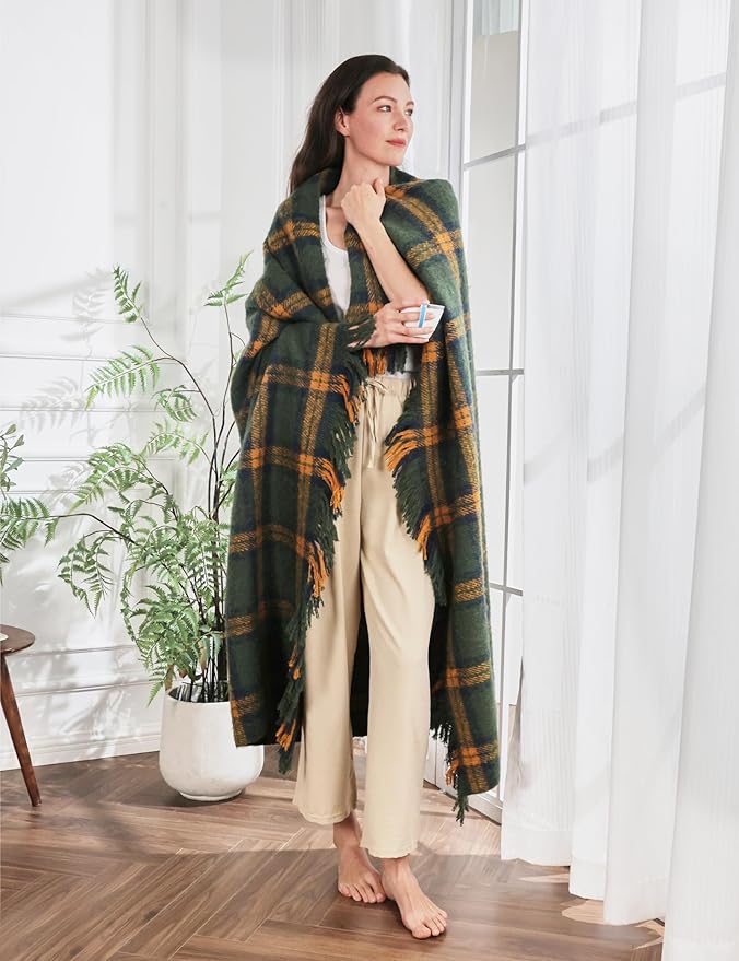 CozyNest Decor green plaid throw blanket with tassels, soft lightweight for couch or bed, perfect for home decor and all-season warmth.