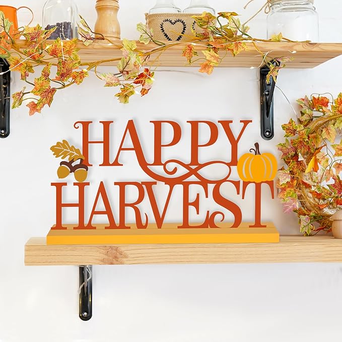 CozyNest Decor COCHIE Metal Happy Harvest sign in orange with autumn leaves, perfect for fall home or office autumn pumpkin decor