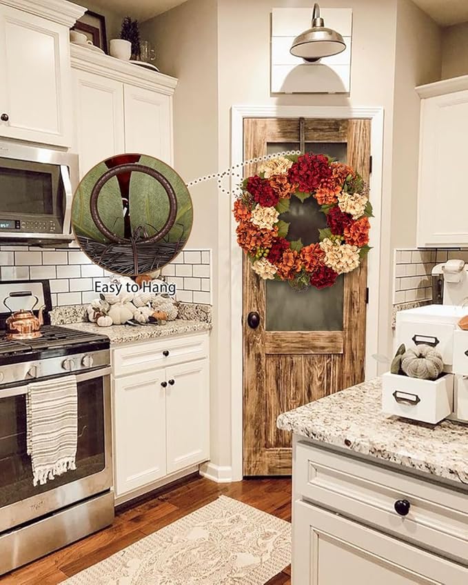 CozyNest Decor 24-inch autumn wreath with hydrangeas, berries, and fall flowers, ideal for farmhouse front door or wall decoration.