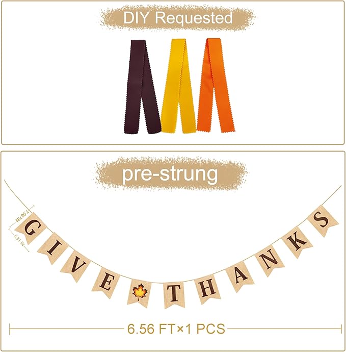 CozyNest Decor Thanksgiving burlap pennant banner with maple leaf pattern, felt "Give Thanks" sign, fall ribbons, perfect for autumn celebrations.