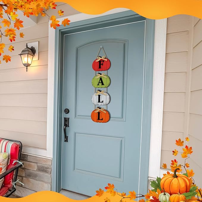 Rustic fall pumpkin door sign by CozyNest Decor, farmhouse-style autumn wooden hanging decoration for porch or yard decor.