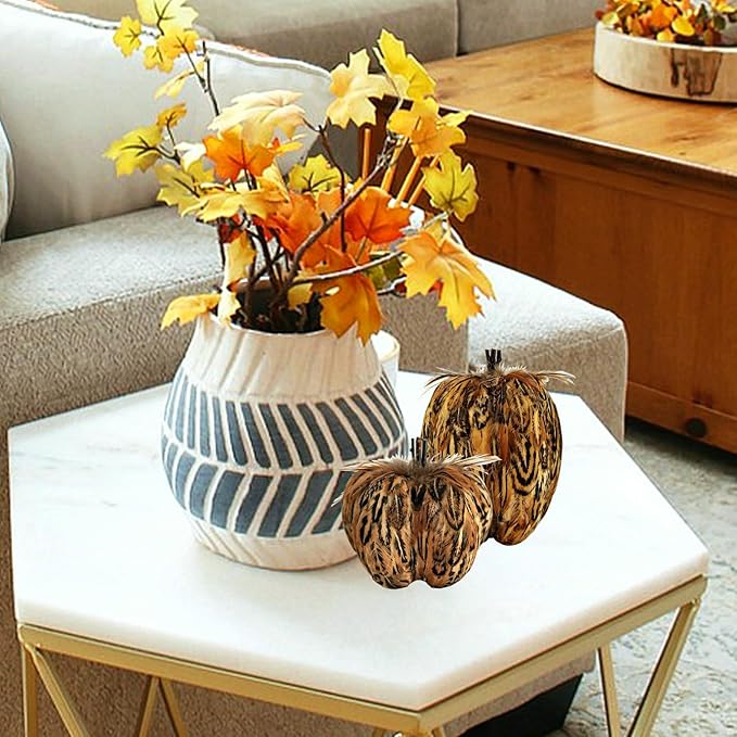 Set of two CozyNest Decor feathered pumpkin centerpieces in natural fall colors, perfect for Thanksgiving or autumn harvest decor.