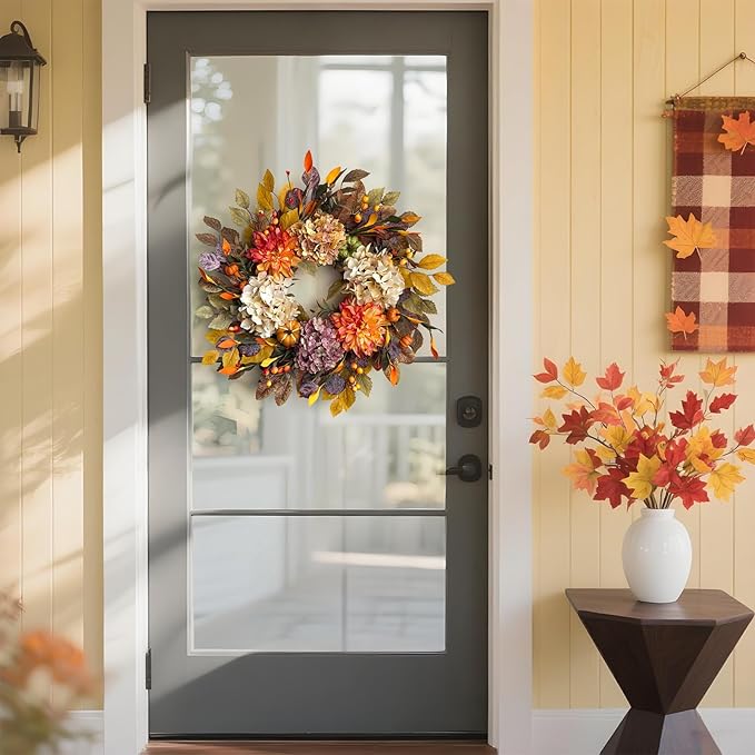 24-inch fall wreath with beige hydrangea, orange dahlia, pumpkins, and autumn leaves for front door decor by CozyNest Decor