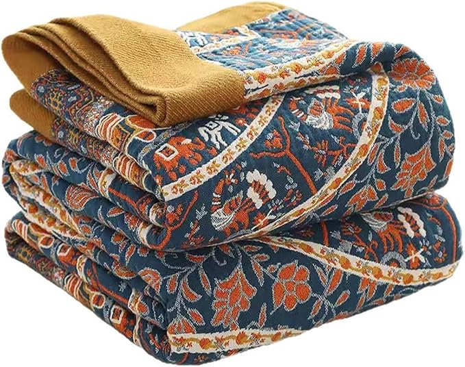 CozyNest Decor boho muslin bed blanket with circle geometric design, 80 x 90 inches, soft 4-layer cotton summer cooling coverlet